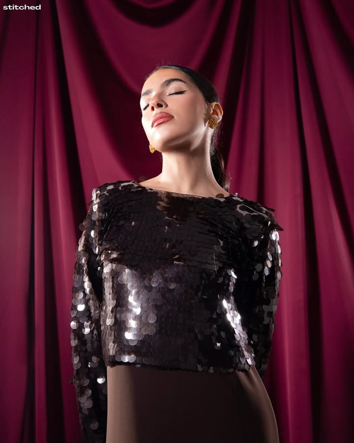 Sequined Cropped Top and Brown Maxi Dress