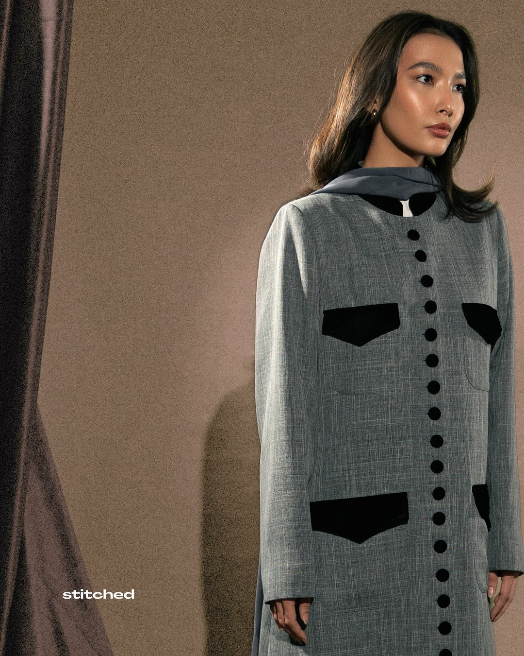 Textured Gray Coat with Black Velvet Pockets