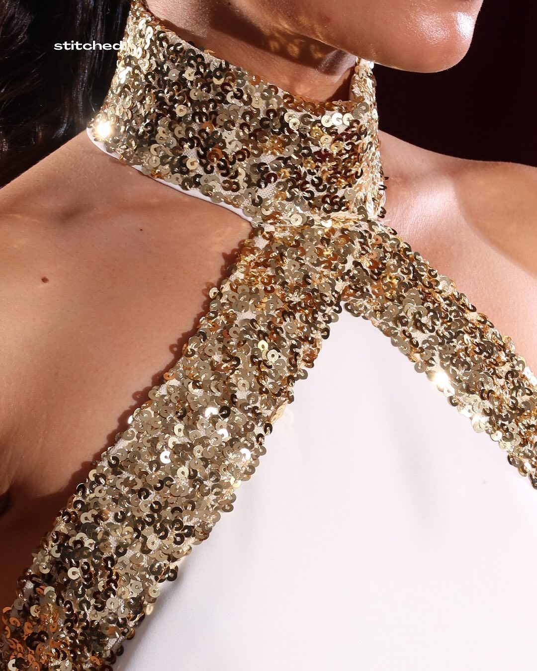 Backless White Gown with Gold Sequin Trim