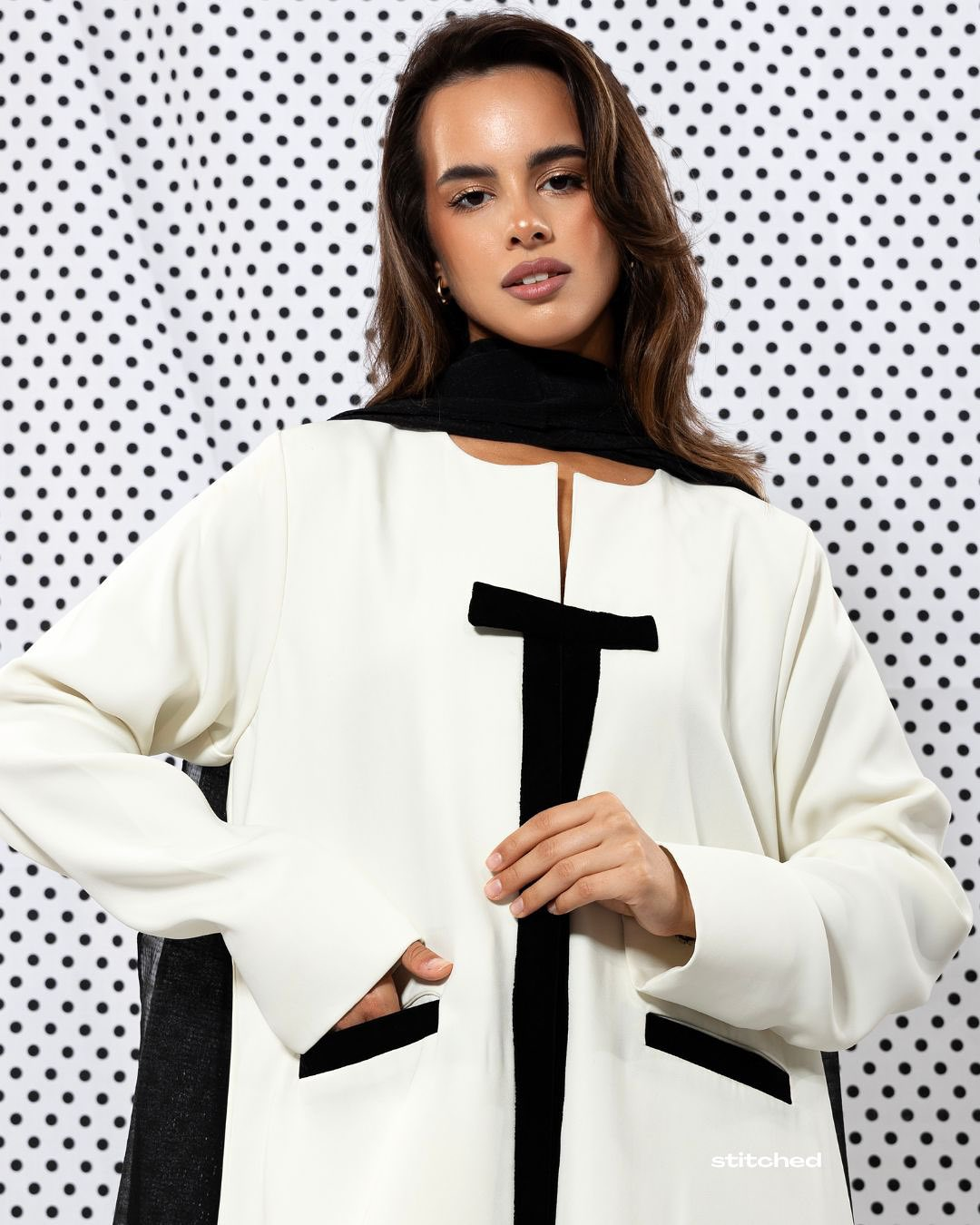 White Abaya with Black Velvet T-Shape Accent