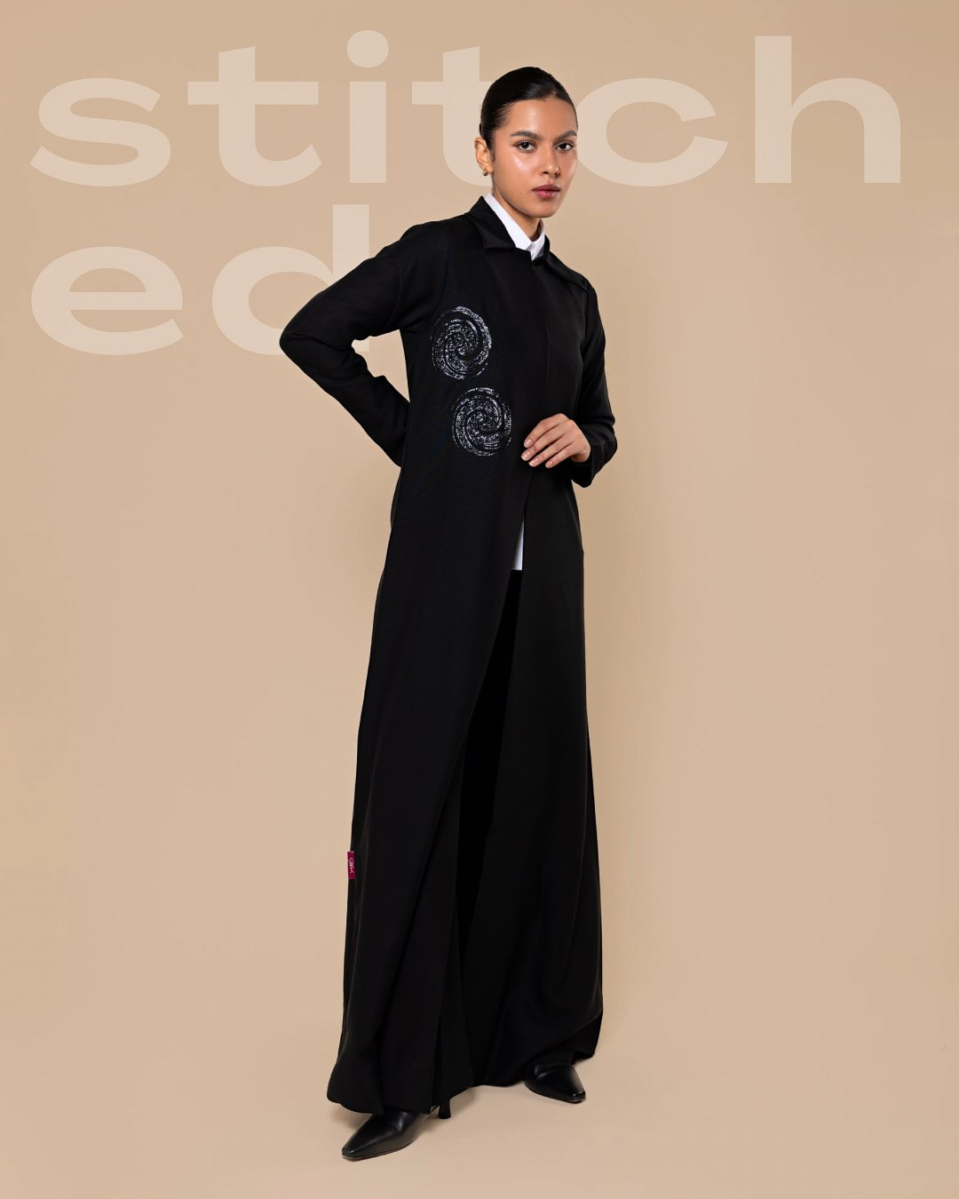 Black Abaya with Metallic Swirl Appliqué