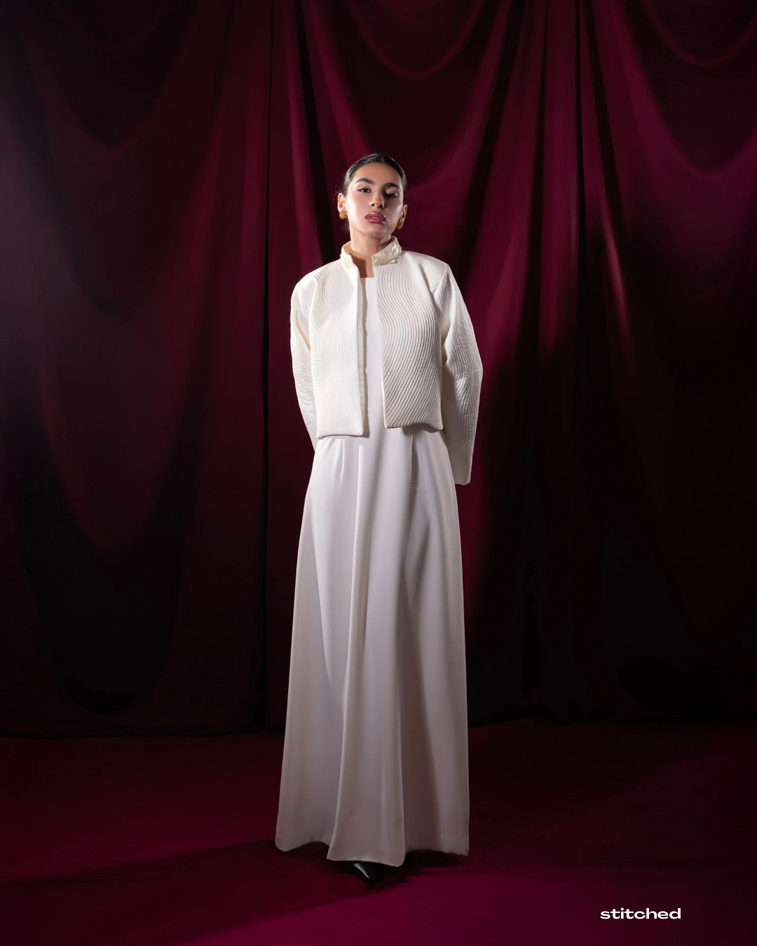 Textured White Cropped Quilted Jacket Dress