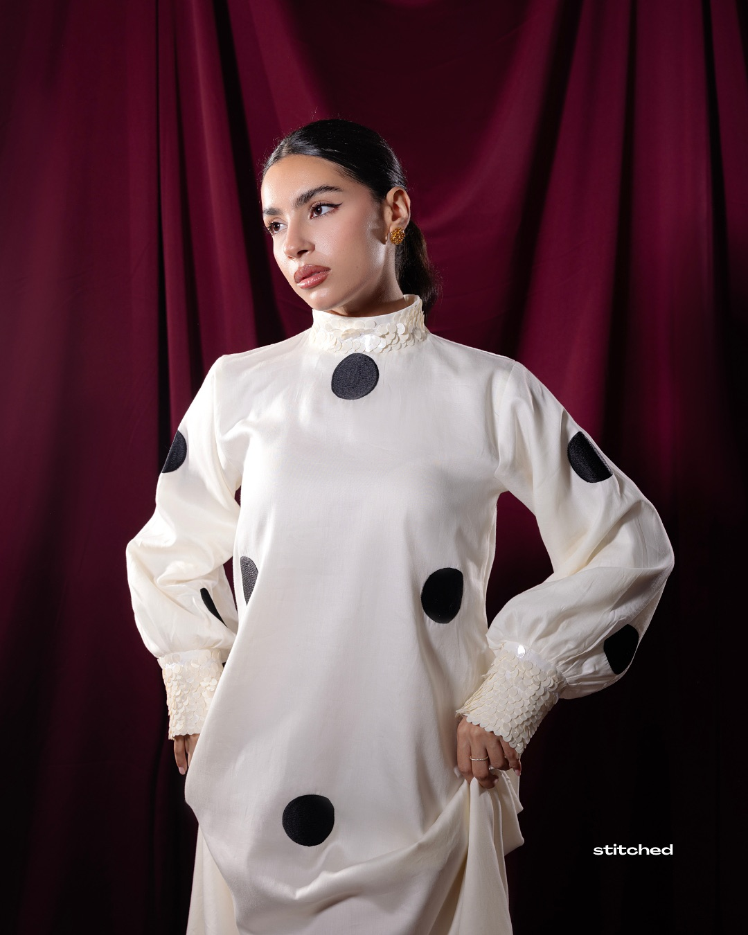 Ivory Polka Dot Long Dress with Textured Cuffs