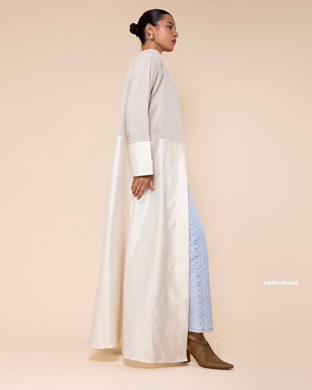 Two-Tone Silk and Tweed Color Block Abaya