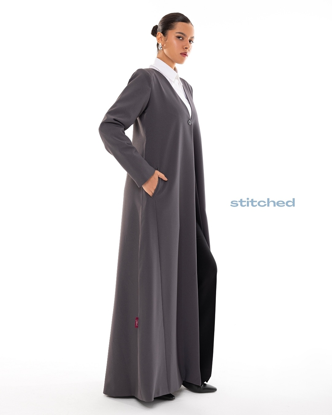 Charcoal Gray Minimalist Abaya over White Shirt