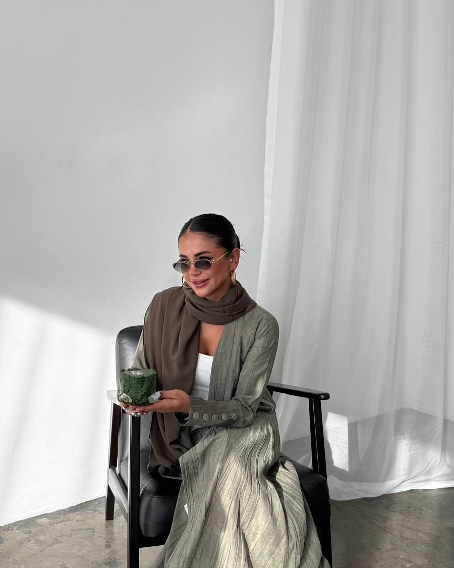 Olive Pleated Abaya with Button Cuffs