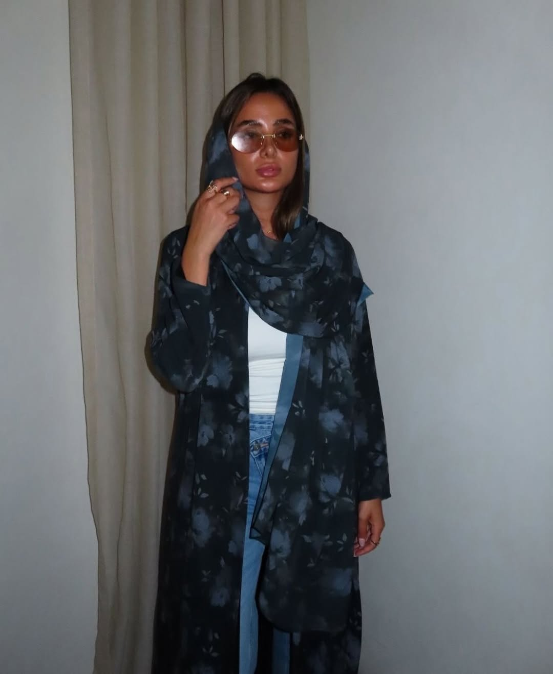 Dark Floral Print Hooded Abaya