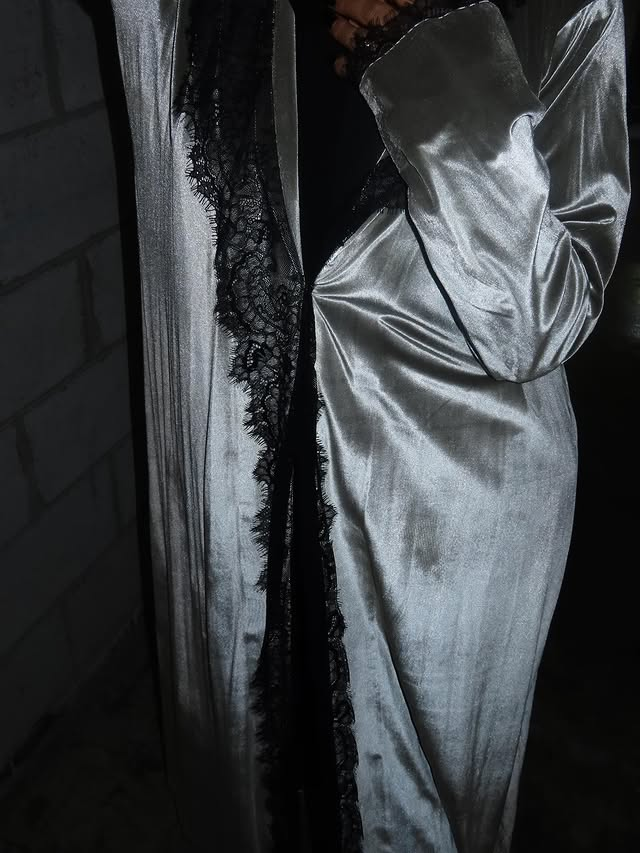 Silver Satin Abaya with Black Lace Trim