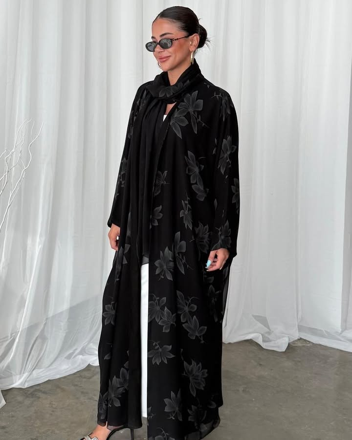 Sheer Black Floral Print Abaya