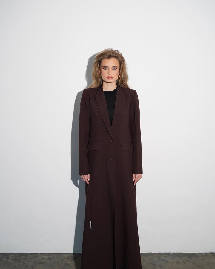 Deep Burgundy Double-Breasted Long Coat
