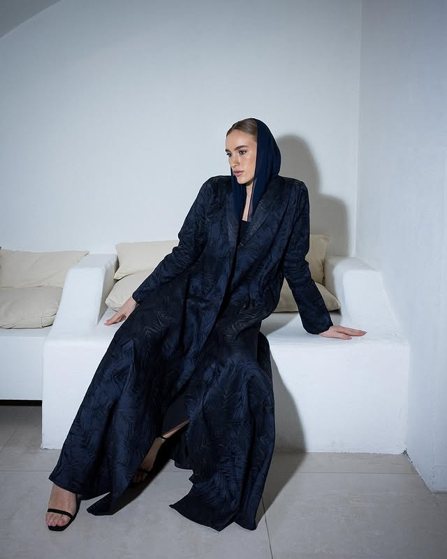 Navy Blue Jacquard Leaf Abaya