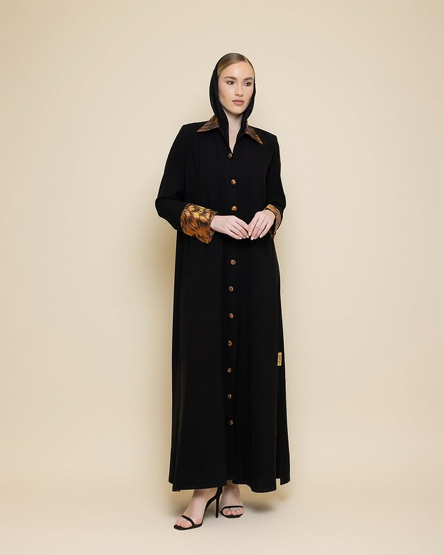 Black Abaya with Bronze Jacquard Accents